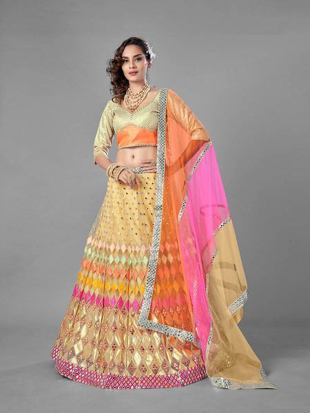 Myra Beige Heavy Embroidered Soft Net bridal Lehenga - Distacart