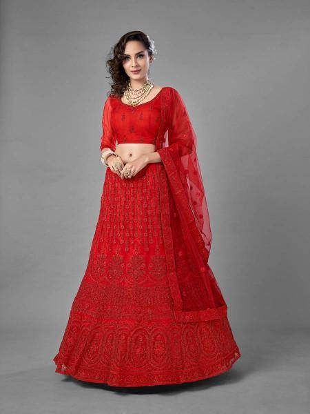 Myra Red Heavy Embroidered Art Silk bridal Lehenga - Distacart