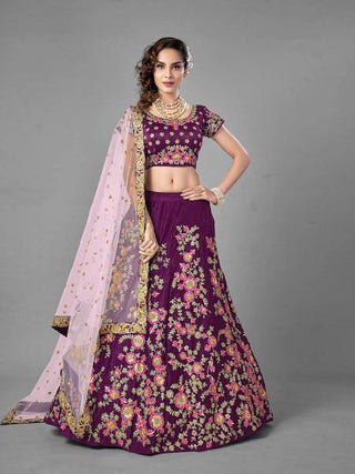 Myra Purple Heavy Embroidered Satin Velvet Bridal Lehenga