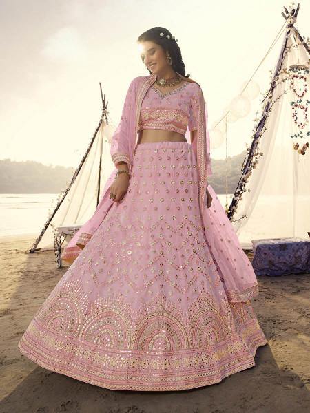 Myra Pink Heavy Embroidered Organza bridal Lehenga - Distacart