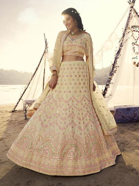 Myra Light Yellow Embroidered Organza bridal Lehenga - Distacart