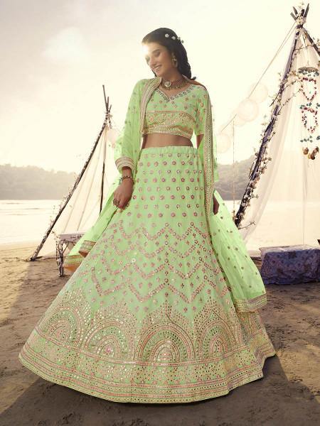 Myra Parrot Embroidered Organza Bridal Lehenga online