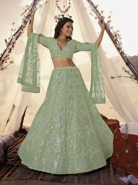 Myra Pista Embroidered Organza bridal Lehenga - Distacart