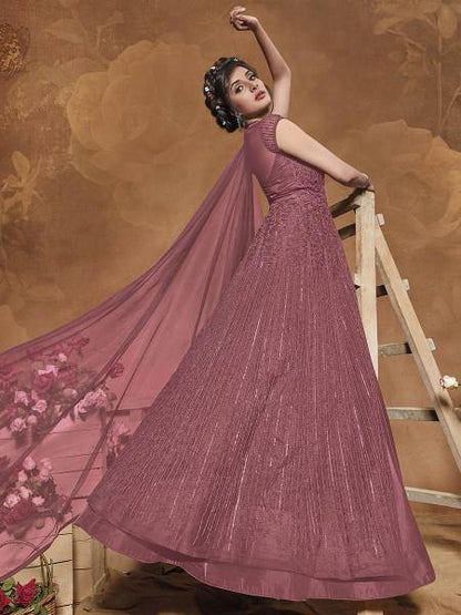 Myra Dusty Pink Heavy Embroidered Butterfly Net Anarkali Suit Online