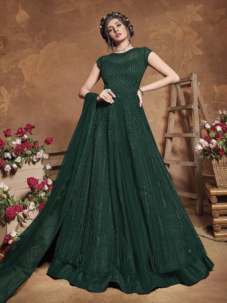 Myra Bottle Green Heavy Embroidered Gown Suit