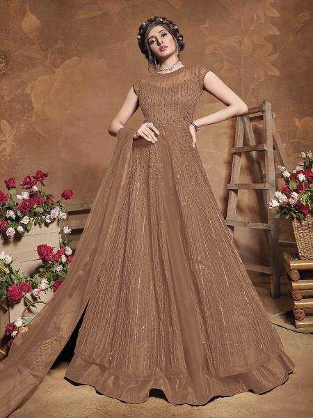 Myra Beige Heavy Embroidered Gown Suit
