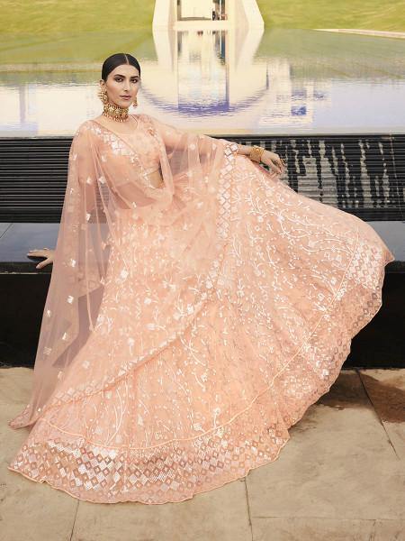 Myra Peach Heavy Embroidered Soft Net bridal Lehenga - Distacart