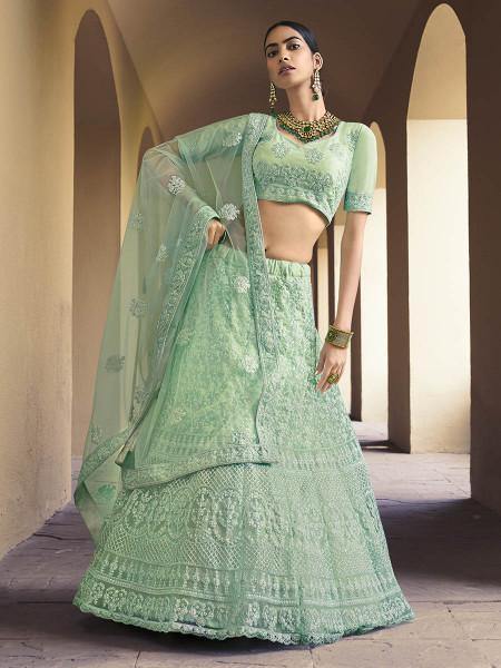 Myra Green Heavy Embroidered Soft Net bridal Lehenga - Distacart