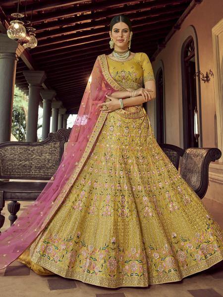 Myra Mustard Heavy Embroidered Georgette bridal Lehenga - Distacart