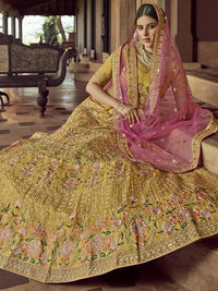 Thumbnail for Mustard Heavy Embroidered Georgette Bridal Lehenga