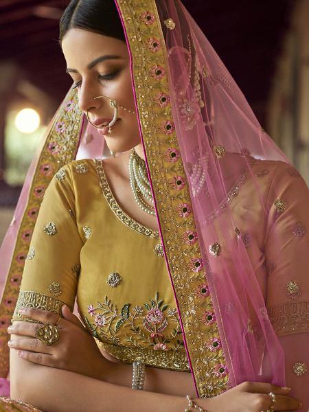 Myra Mustard Heavy Embroidered Georgette bridal Lehenga - Distacart