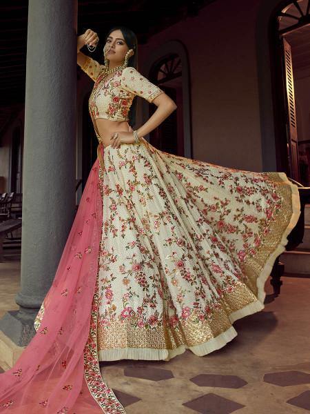 Myra Off White Heavy Embroidered Georgette bridal Lehenga - Distacart