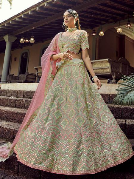Myra Green Heavy Embroidered Georgette bridal Lehenga - Distacart