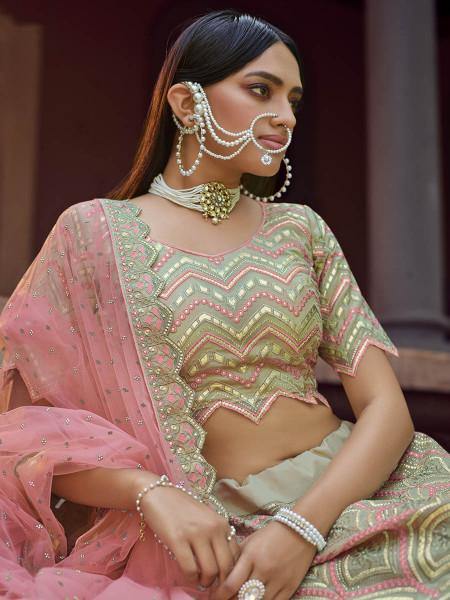Myra Green Heavy Embroidered Georgette bridal Lehenga - Distacart
