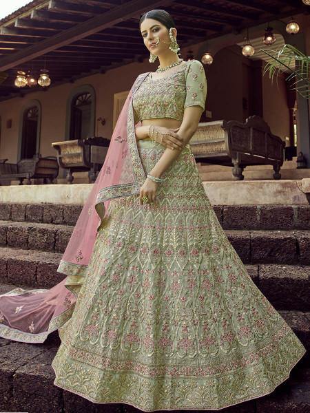 Myra Green Heavy Embroidered Georgette bridal Lehenga - Distacart