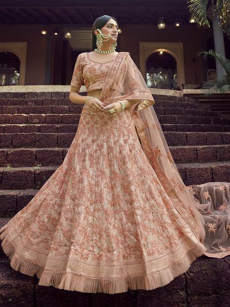 Myra Peach Heavy Embroidered Georgette bridal Lehenga - Distacart