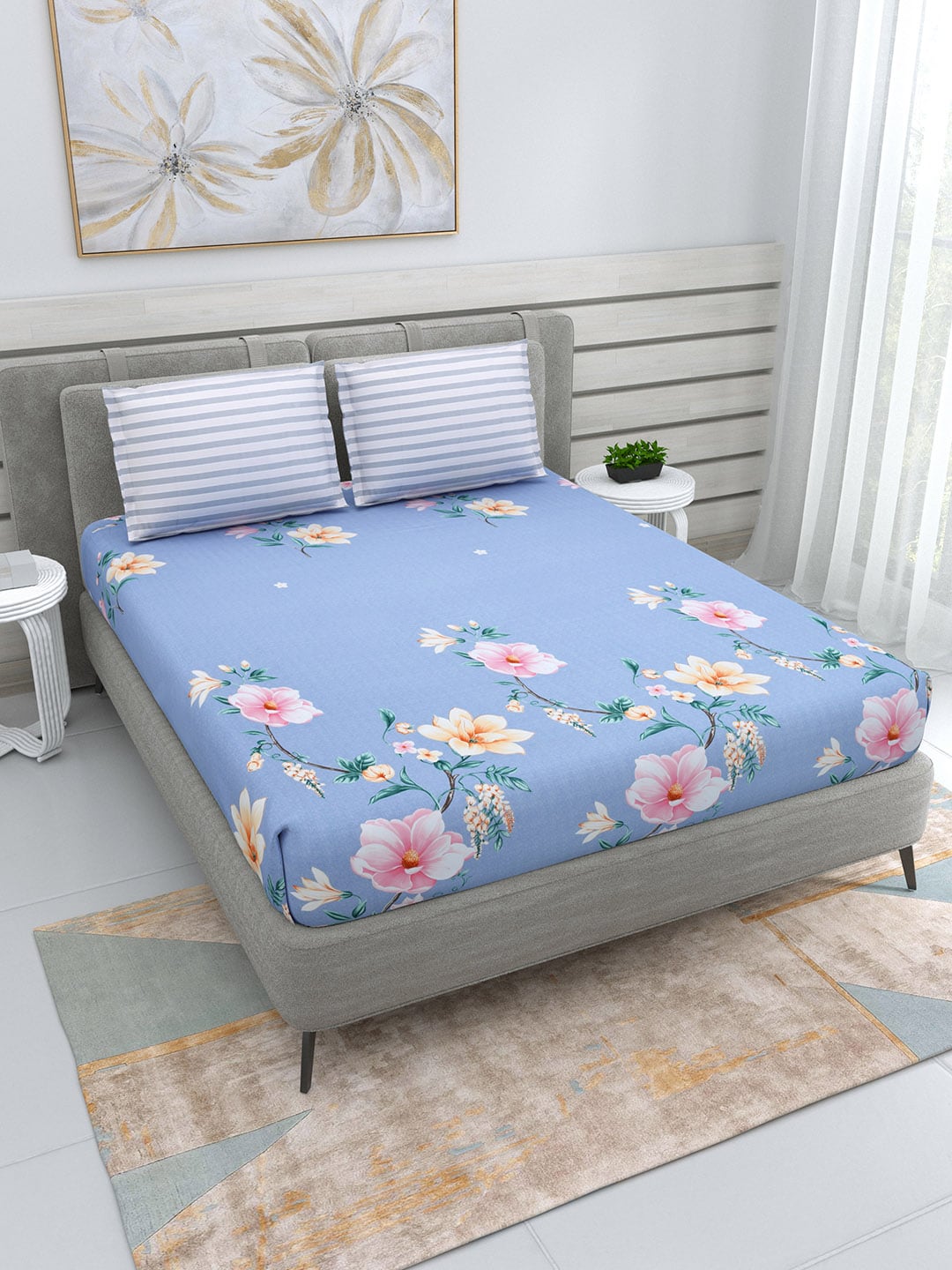 DREAM WEAVERZ Blue & Pink Floral Glazed Cotton 220 TC King Bedsheet with 2 Pillow Covers - Distacart