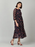 Thumbnail for Souchii Women Navy Blue & Red Floral Chiffon A-Line Tiered Dress - Distacart