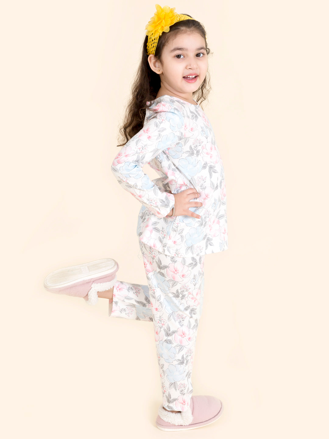 Girls White Pink Printed Night Suit - Mini Marvels - Distacart