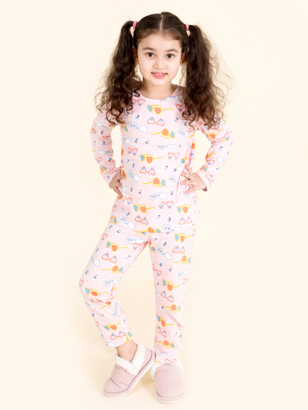 Girls Pink Blue Printed Pure Cotton Night Suit - Mini Marvels - Distacart