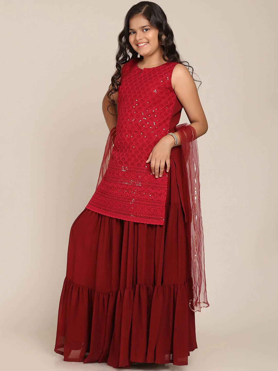 NOZ2TOZ Maroon Floral Embroidered Sequinned Kurti with Skirt & With Dupatta For Girls - Distacart