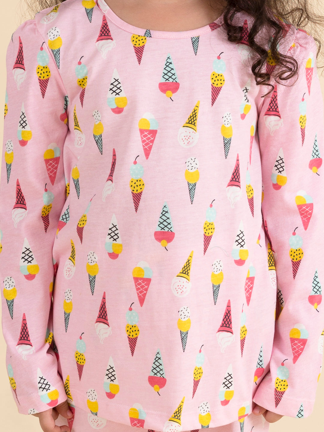 Girls Pink Blue Ice Cream Print Pure Cotton Night Suit - Mini Marvels - Distacart