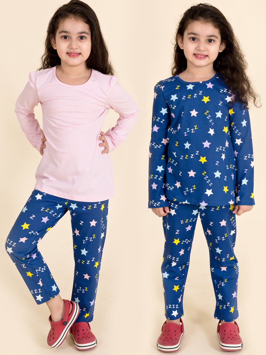 Girls Blue Pink Printed Pure Cotton 3 Pc Night Suit - Mini Marvels - Distacart