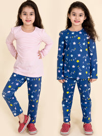 Thumbnail for Girls Blue Pink Printed Pure Cotton 3 Pc Night Suit - Mini Marvels - Distacart