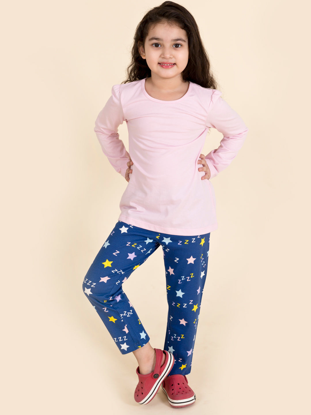 Girls Blue Pink Printed Pure Cotton 3 Pc Night Suit - Mini Marvels - Distacart