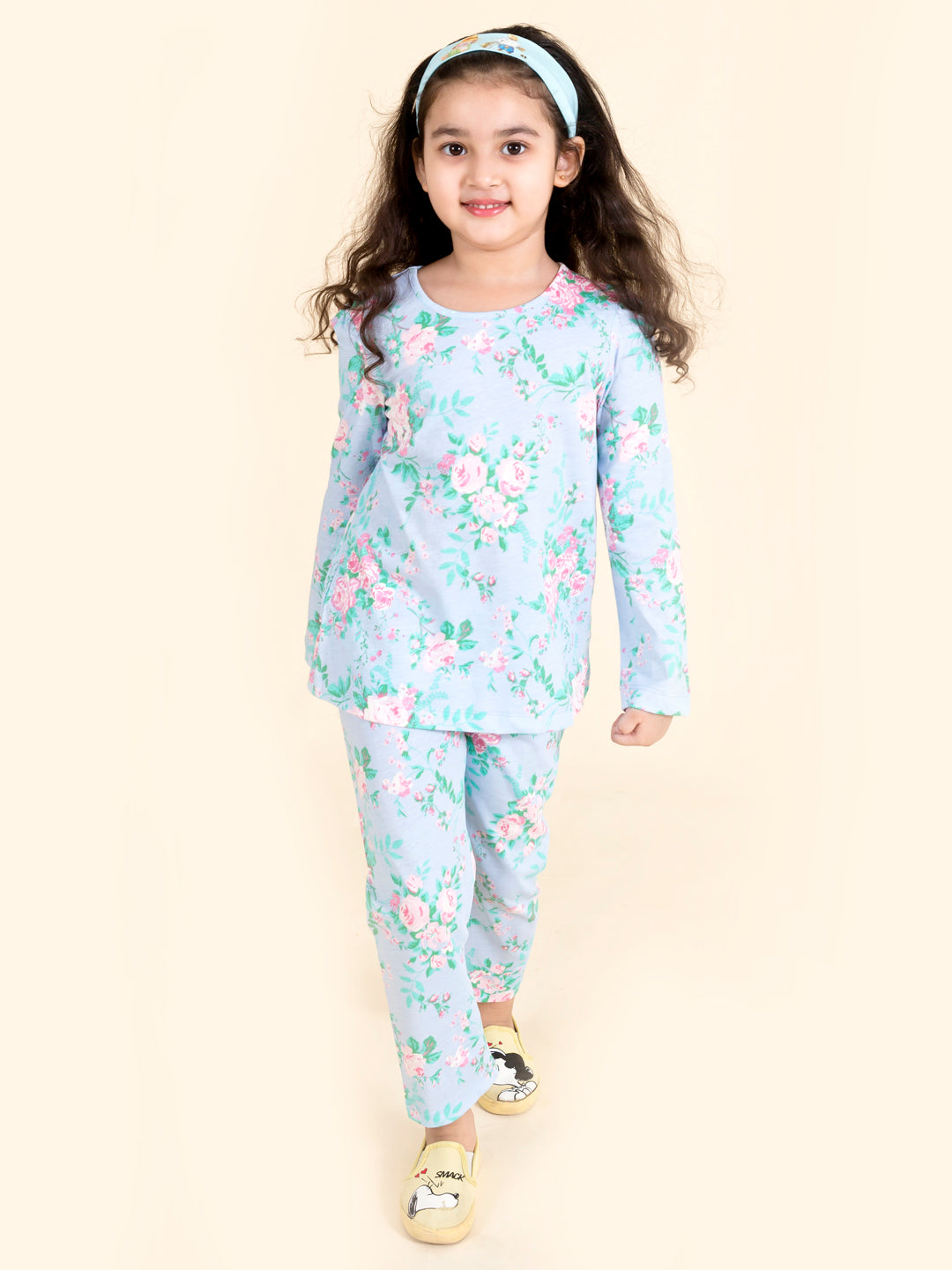 Girls Multicolor Floral Printed Pure Cotton Night Suit - Mini Marvels - Distacart