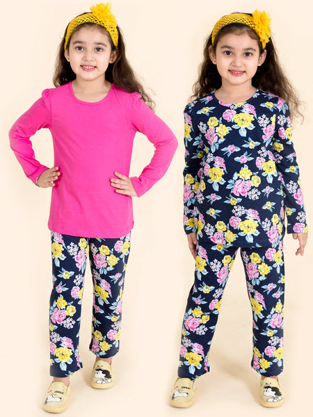 Girls Pack Of 2 Navy Blue Pink Printed T-Shirt With Pyjamas - Mini Marvels - Distacart