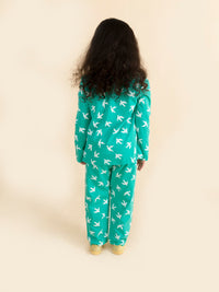 Thumbnail for Girls Green White Bird Printed Night Suit - Mini Marvels - Distacart