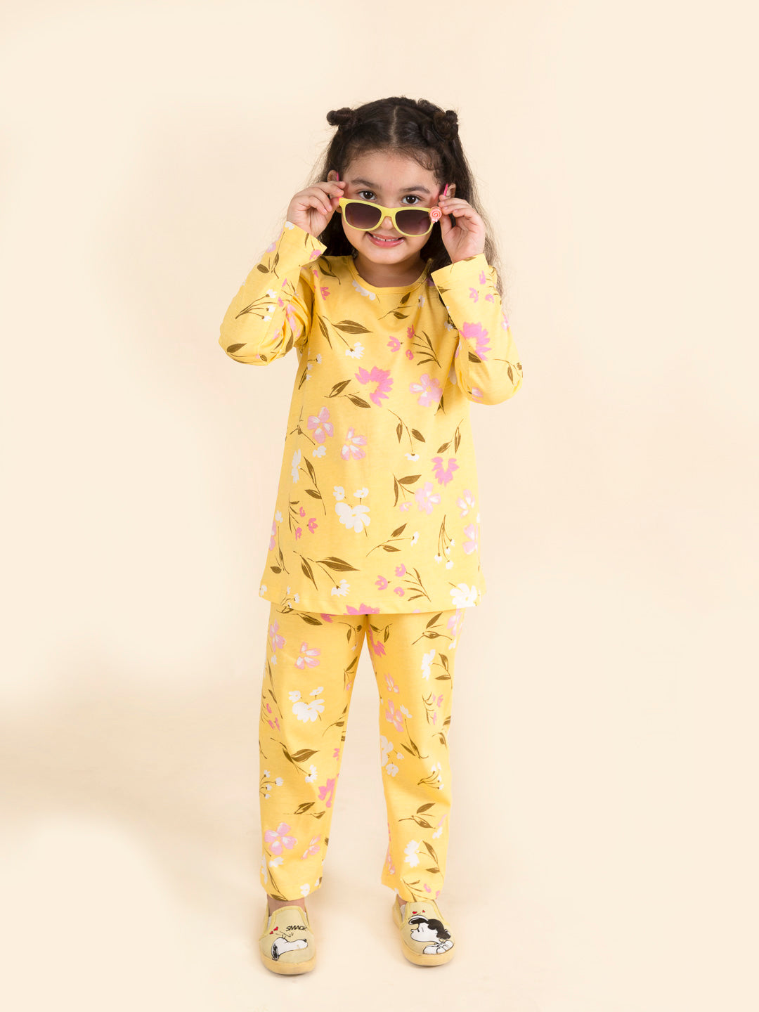 Girls Yellow White Floral Printed Night Suit - Mini Marvels - Distacart