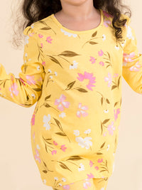 Thumbnail for Girls Yellow White Floral Printed Night Suit - Mini Marvels - Distacart