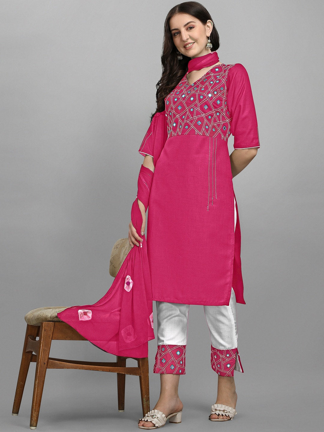 Kalini Women Pink Ethnic Motifs Embroidered Mirror Work Kurta with Trousers & With Dupatta - Distacart