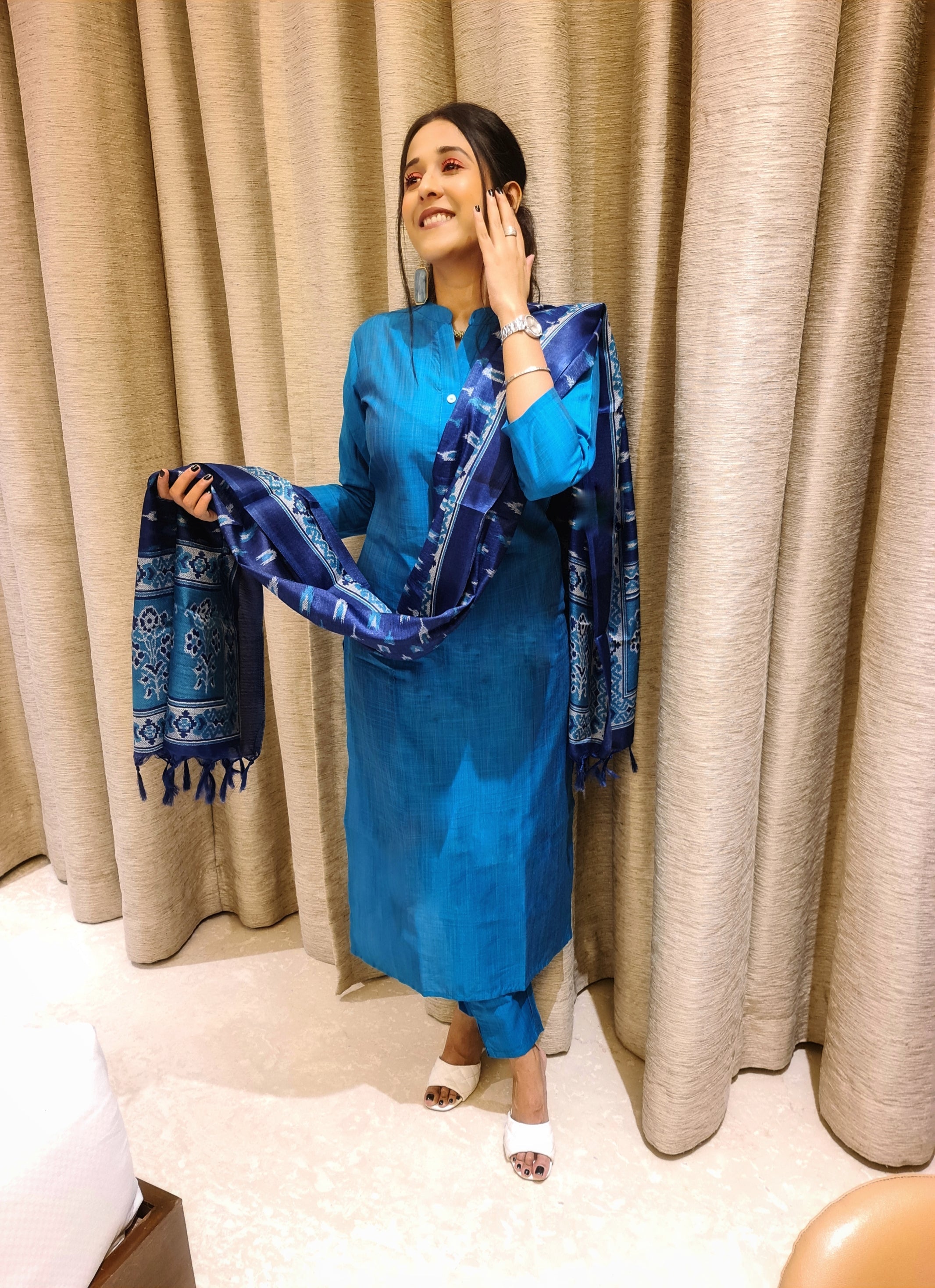 Jompers Women Blue & Green Self-Striped Kurta with Trousers & Printed Art Silk Dupatta - Distacart