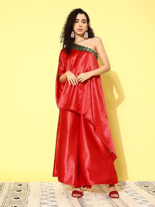 InWeave Women's Red Green Brocade Satin Oneshoulder Kurta Set - Distacart