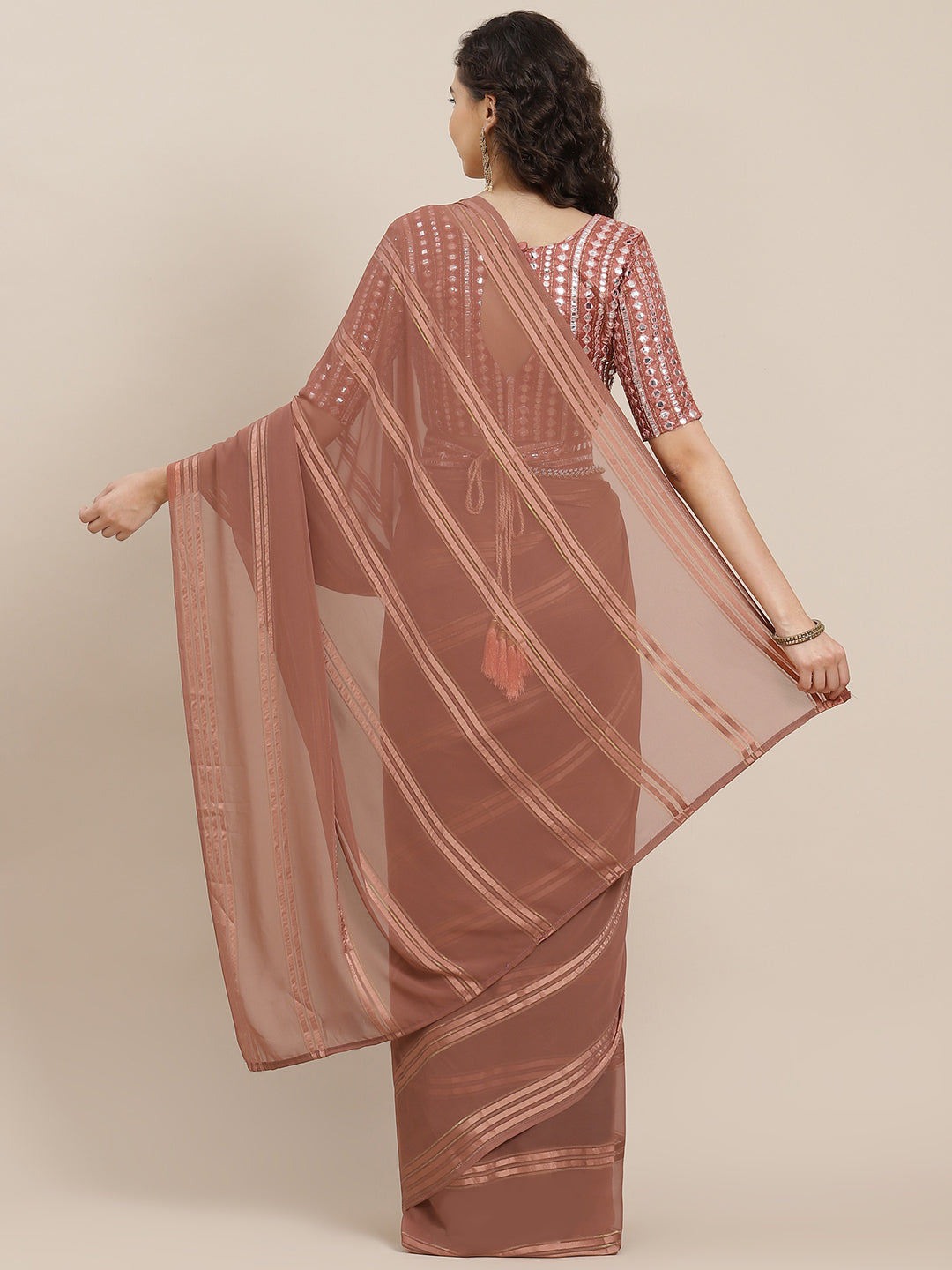 Saree Mall Brown Striped Mirror Work Saree - Distacart