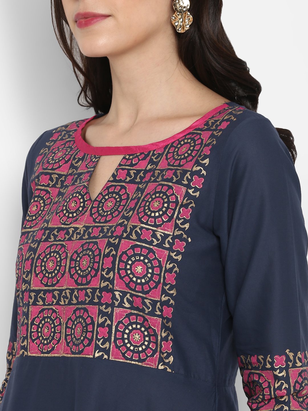 NOZ2TOZ Women's Blue & Pink Cotton Printed Anarkali Kurti With Block Print (1 Pc) - Distacart