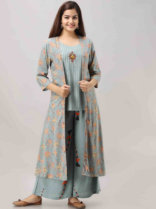 Kalini Women Blue Floral Embroidered Thread Work Kurti with Palazzos - Distacart