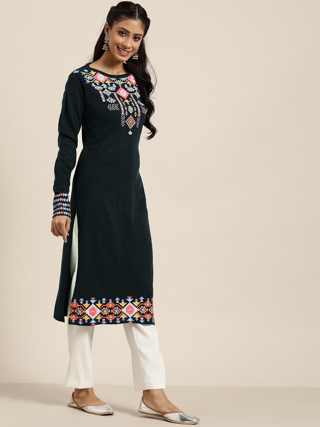 Sangria Women Teal Green & Pink Geometric Printed Straight Winter Kurta - Distacart