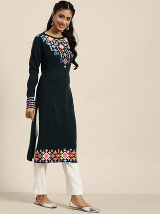 Sangria Women Teal Green & Pink Geometric Printed Straight Winter Kurta - Distacart