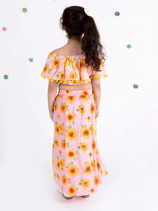 Girls Pink Mustard Printed Top With Skirt - Mini Marvels - Distacart