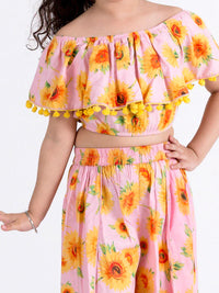 Thumbnail for Girls Pink Mustard Printed Top With Skirt - Mini Marvels - Distacart