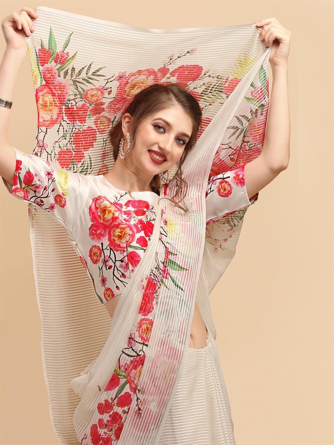 Sangria Off White & Red Floral Satin Designer Saree - Distacart