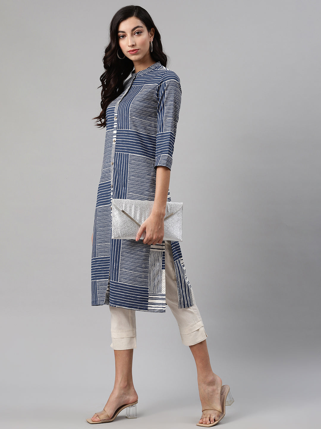 Biba Women Navy Blue & White Striped Kurta with Trousers - Distacart