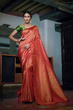 Thumbnail for Vardha Beautiful Scarlet Red Zari Work Kanjeevaram Silk Saree