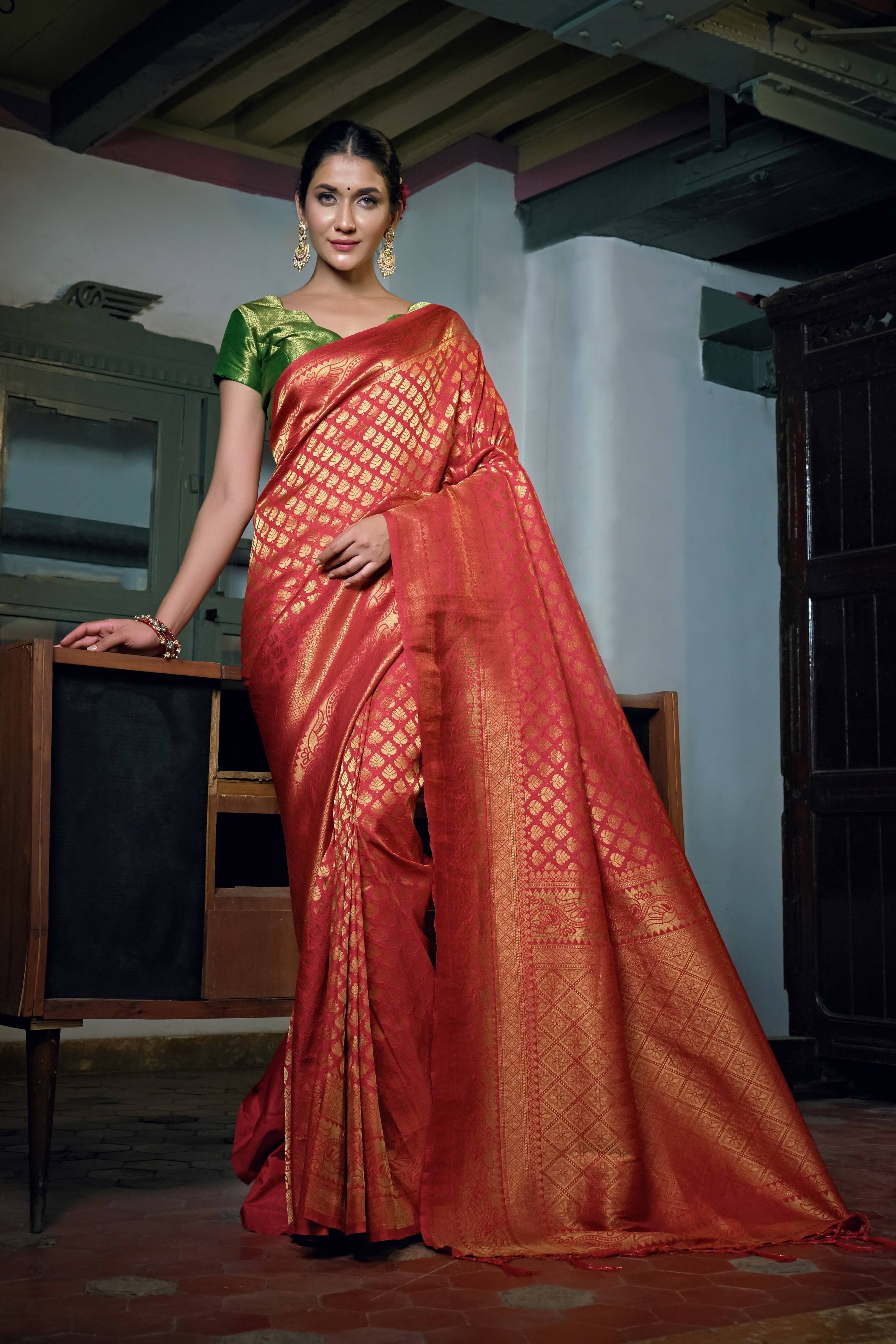 Vardha Beautiful Scarlet Red Zari Work Kanjeevaram Silk Saree