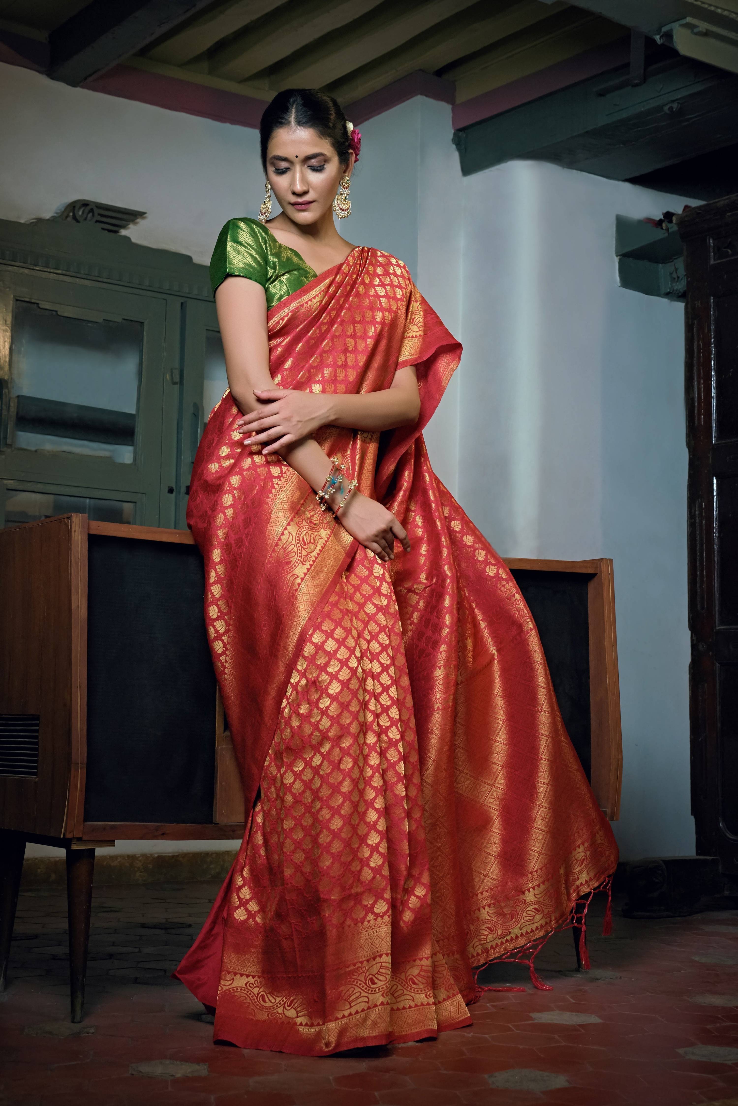 Vardha Beautiful Scarlet Red Zari Work Kanjeevaram Silk Saree