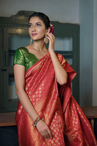 Thumbnail for Vardha Beautiful Scarlet Red Zari Work Kanjeevaram Silk Saree